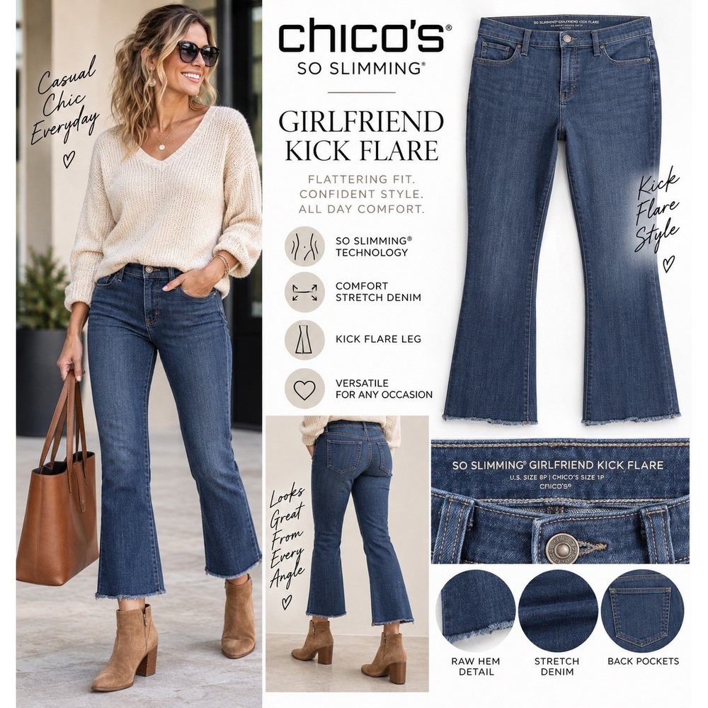 Chico's So Slimming Girlfriend Kick Flare Jeans 1P 8P Petite Raw Hem Stretch